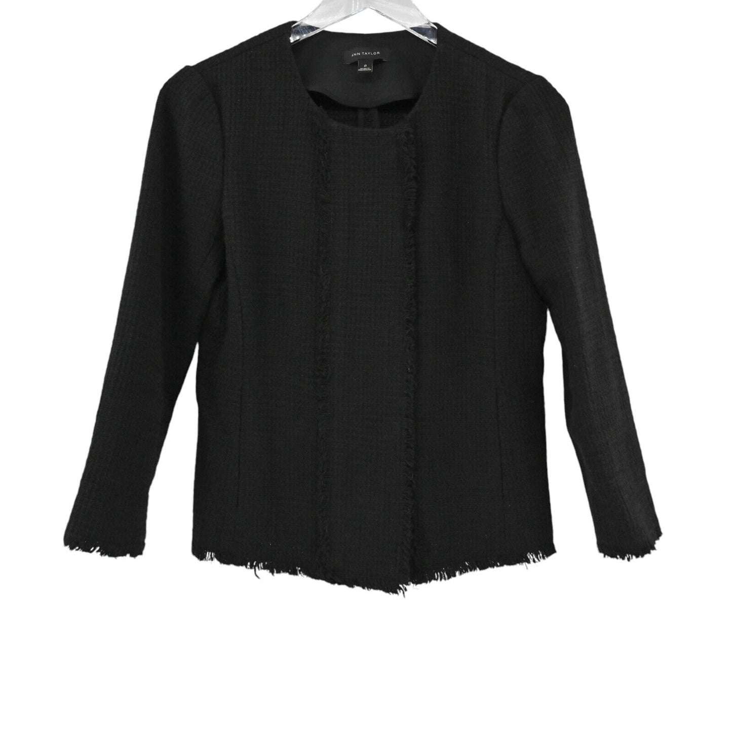 ANN TAYLOR Blazer Womens Size 0 Classic Black Fringe Tweed Long Sleeve Jacket