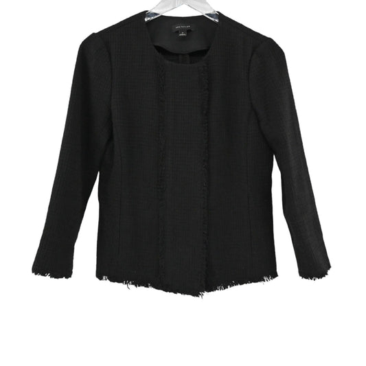 ANN TAYLOR Blazer Womens Size 0 Classic Black Fringe Tweed Long Sleeve Jacket