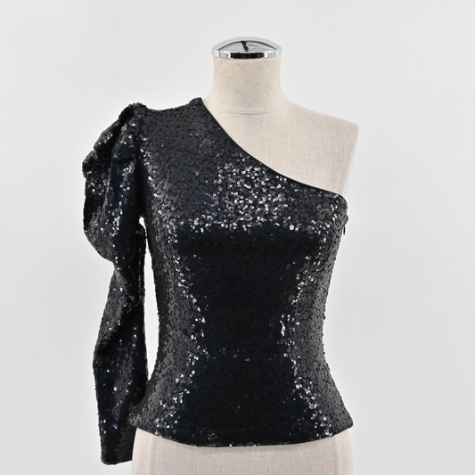 Lovers and Friends Womens Shaline Black Sequin Top Size XS One Shoulder Blouse