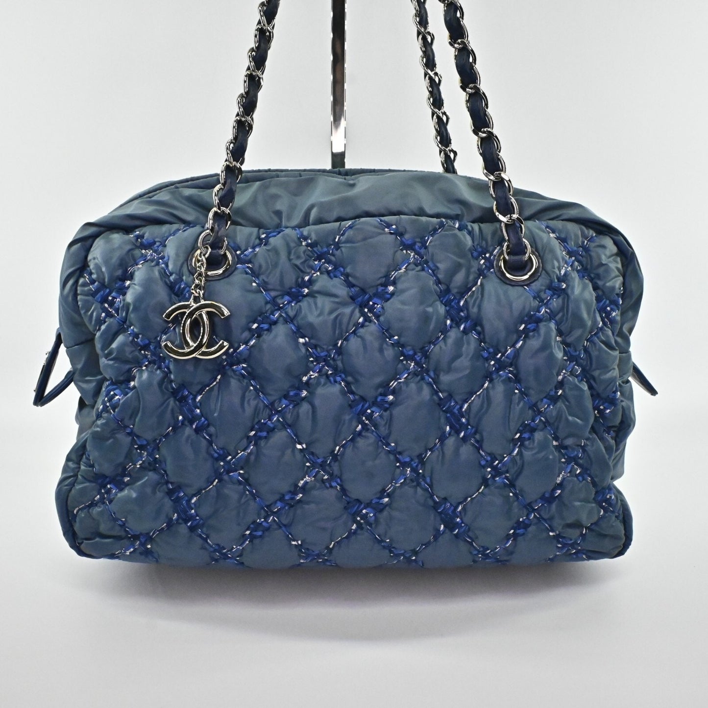 CHANEL Shoulder Bag Byzance Tweed On Stitch Blue Nylon Quilted Chain Strap