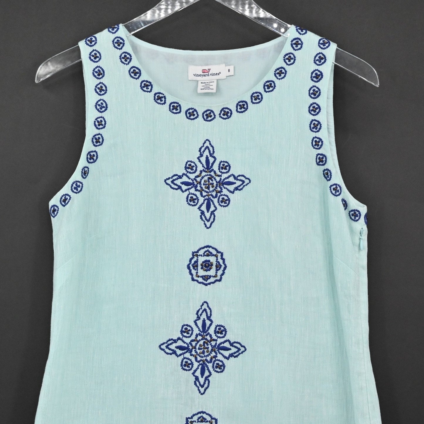 VINEYARD VINES Embroidered Beaded Shift Dress Sz 6 Blue Linen Cotton Sleeveless