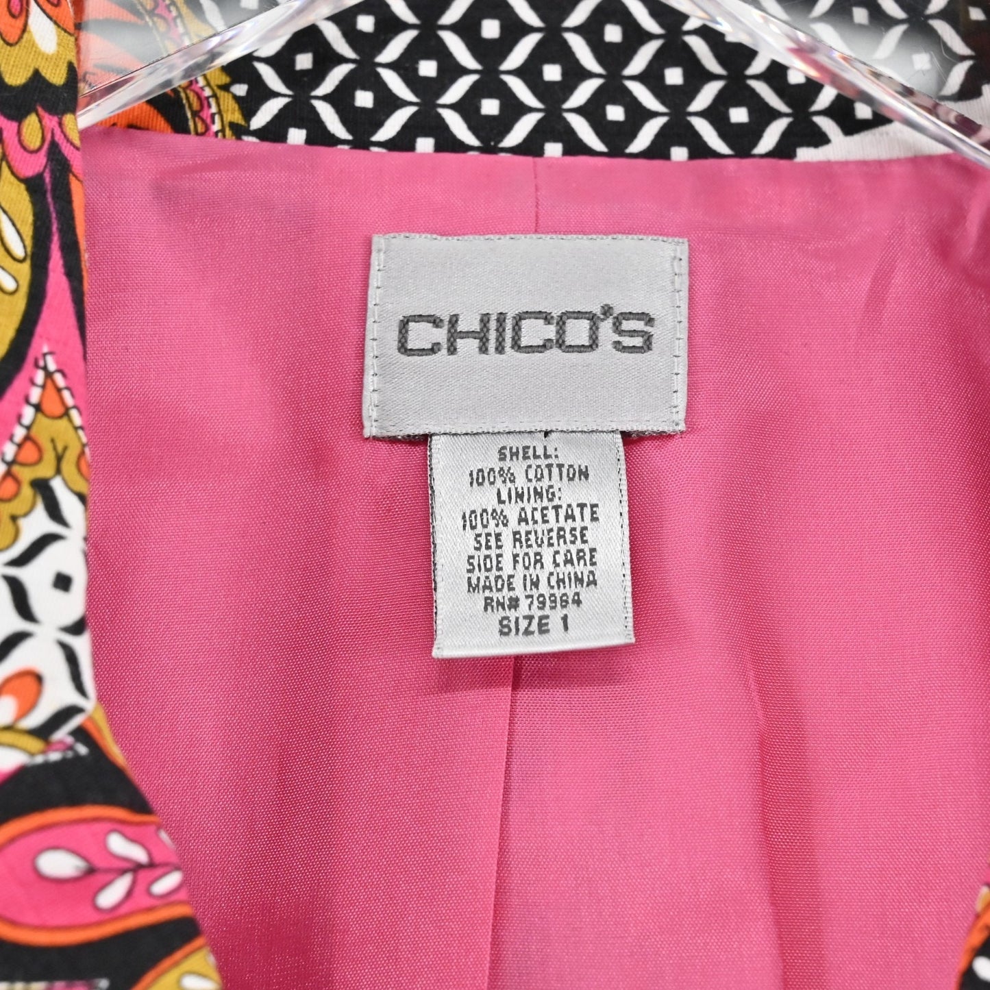 CHICOS Womens Paisley Blazer Size M Pink Single Breasted Maximalist Jacket Bold