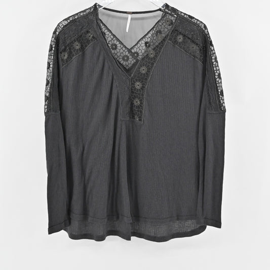 FREE PEOPLE Top Womens Size S Lola Long Sleeve Washed Black Lace Trim Raglan