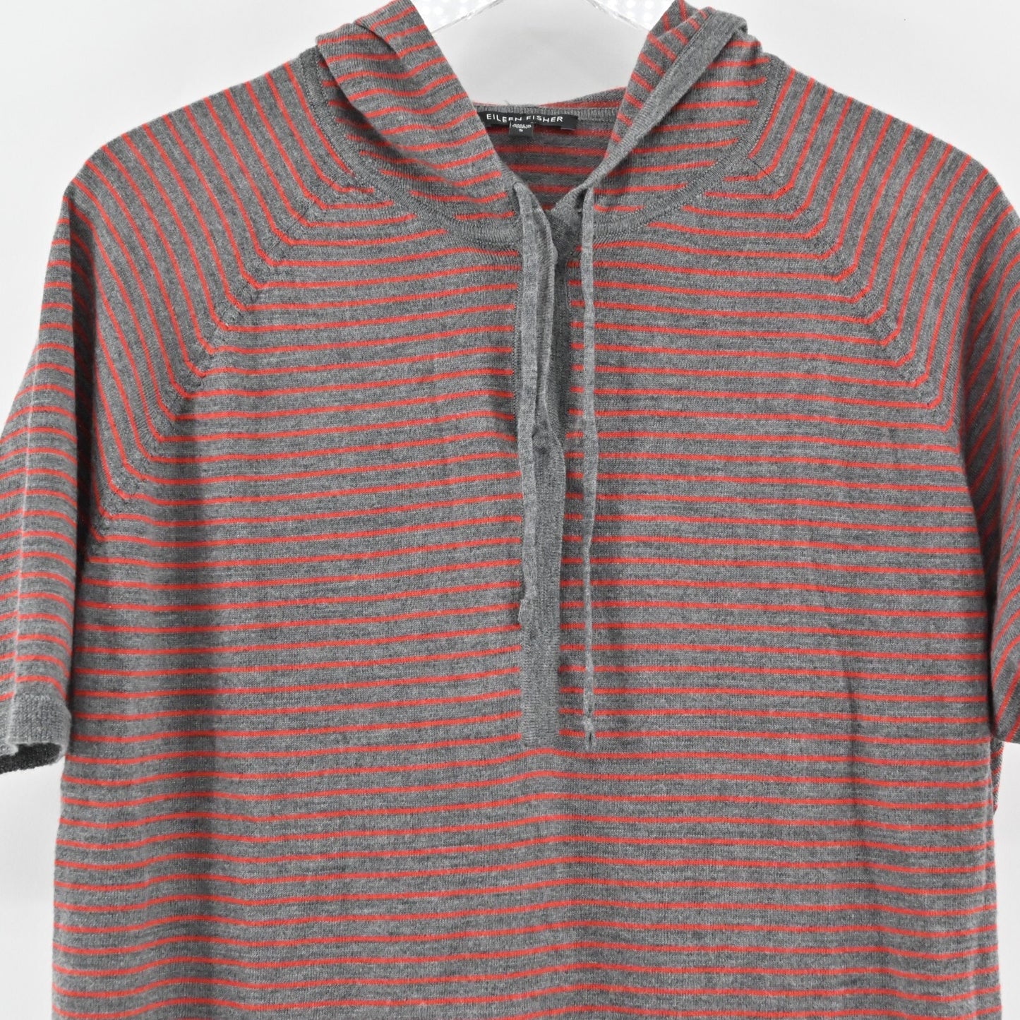 Eileen Fisher Womens Merino Wool Sweater Small Gray Red Striped Hoodie Pullover