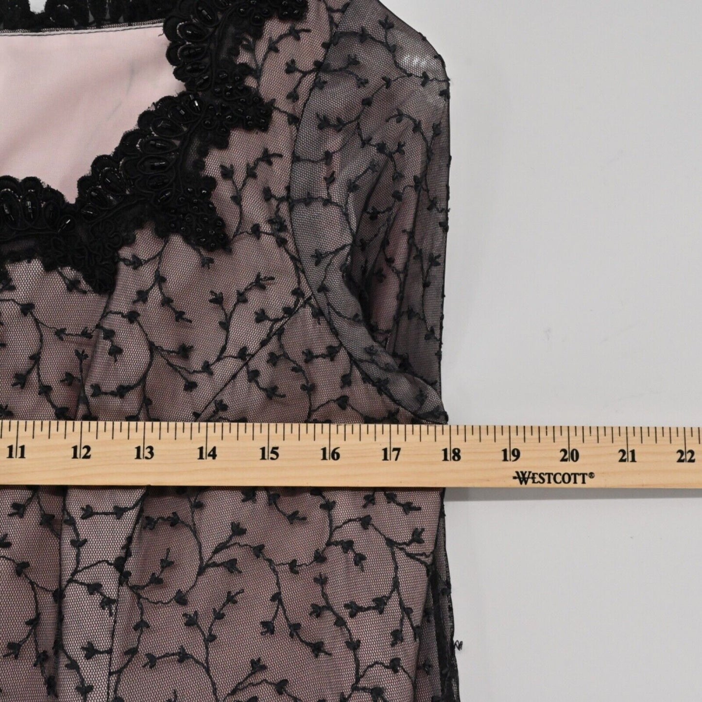 Vtg Dress Womens Size L Black Pink Sheer Floral Embroidered Beaded Lace Trim 80s