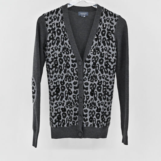 GRYPHON Sweater Womens Size XS Leopard Print Sequin Knit Cardigan Merino Wool