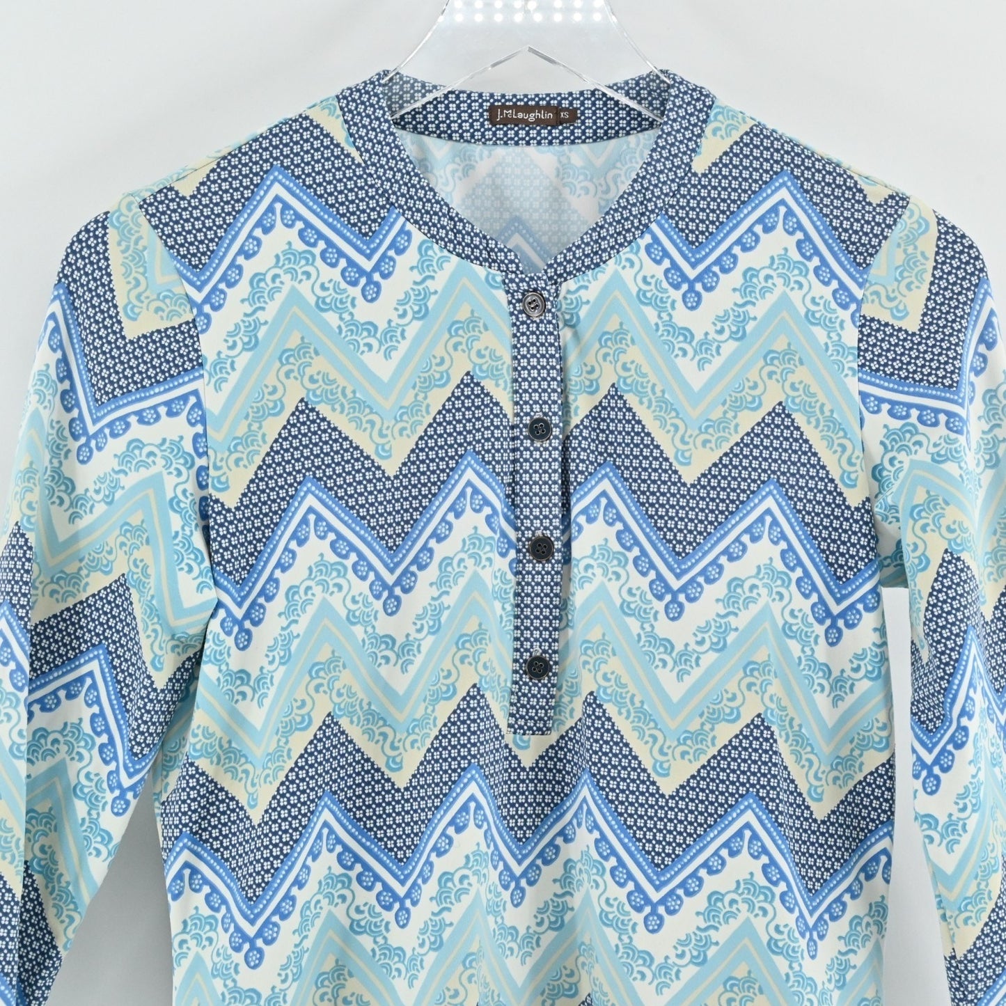 J McLaughlin Womens Blue Catalina Cloth Top Size XS Chevron Blouse Stretch Coast