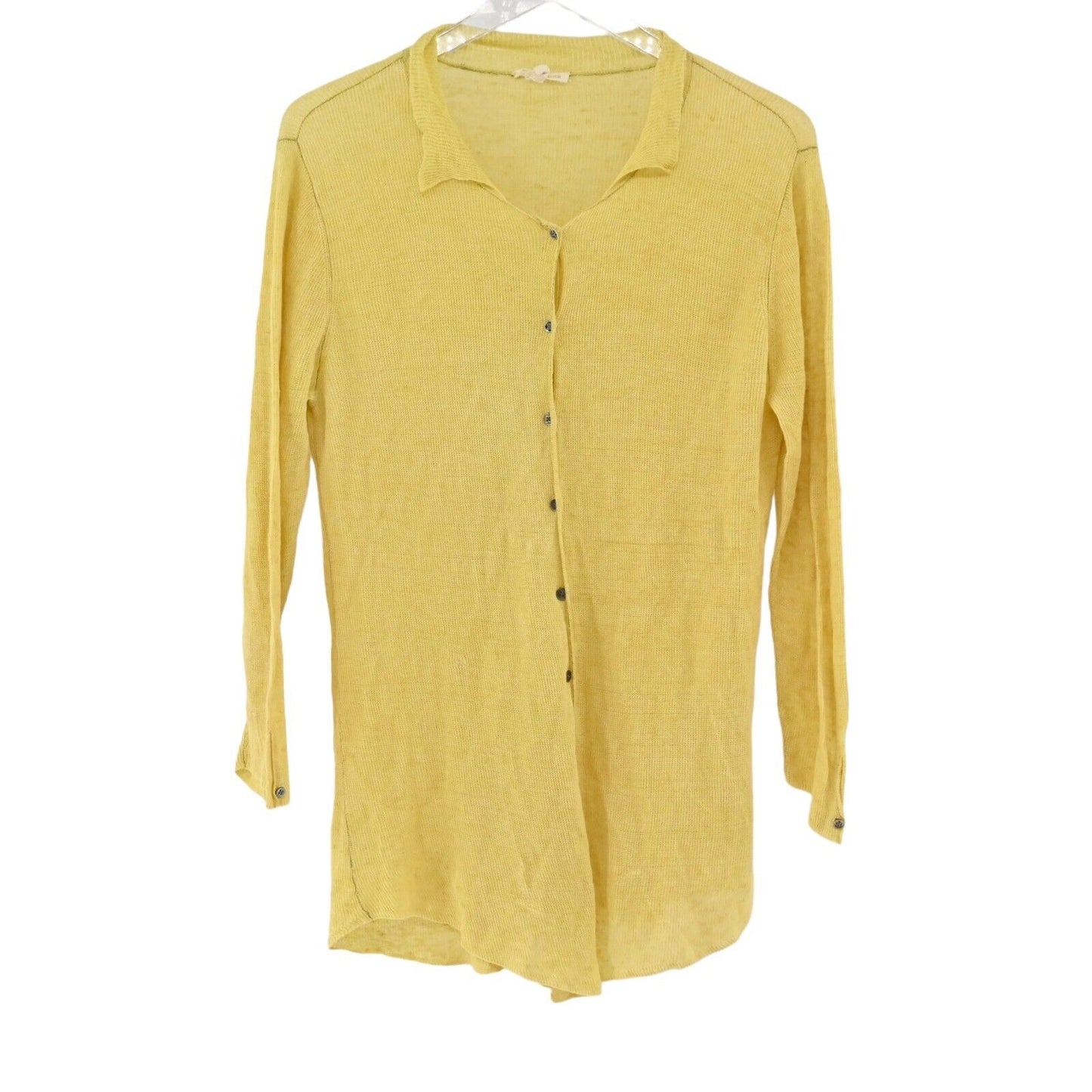 EILEEN FISHER Top Womens Sz L Yellow 100% Linen Knit Long Sleeve Button Up Boho