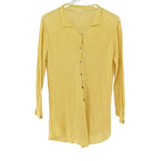 EILEEN FISHER Top Womens Sz L Yellow 100% Linen Knit Long Sleeve Button Up Boho