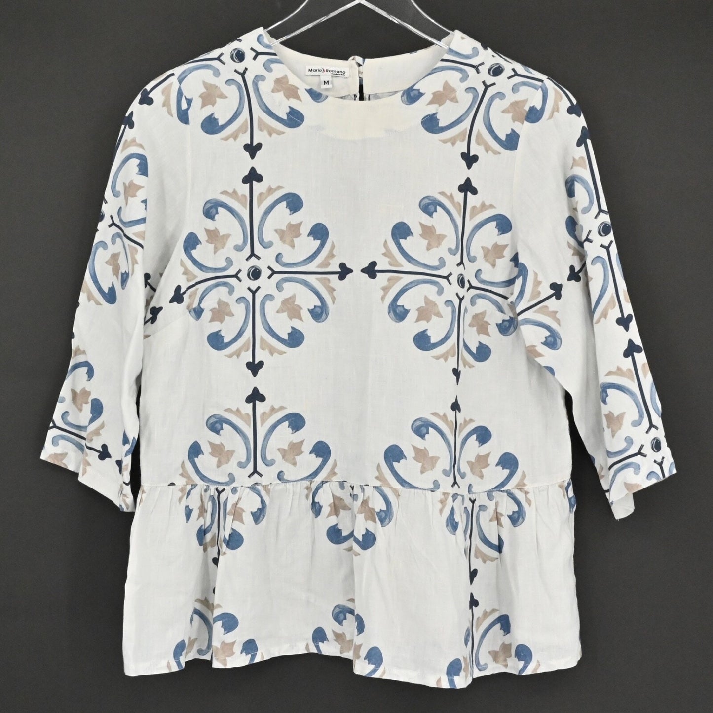MARIO ROMANO Womens Linen Top Size M Peplum White Blue Boho Italy Breathable