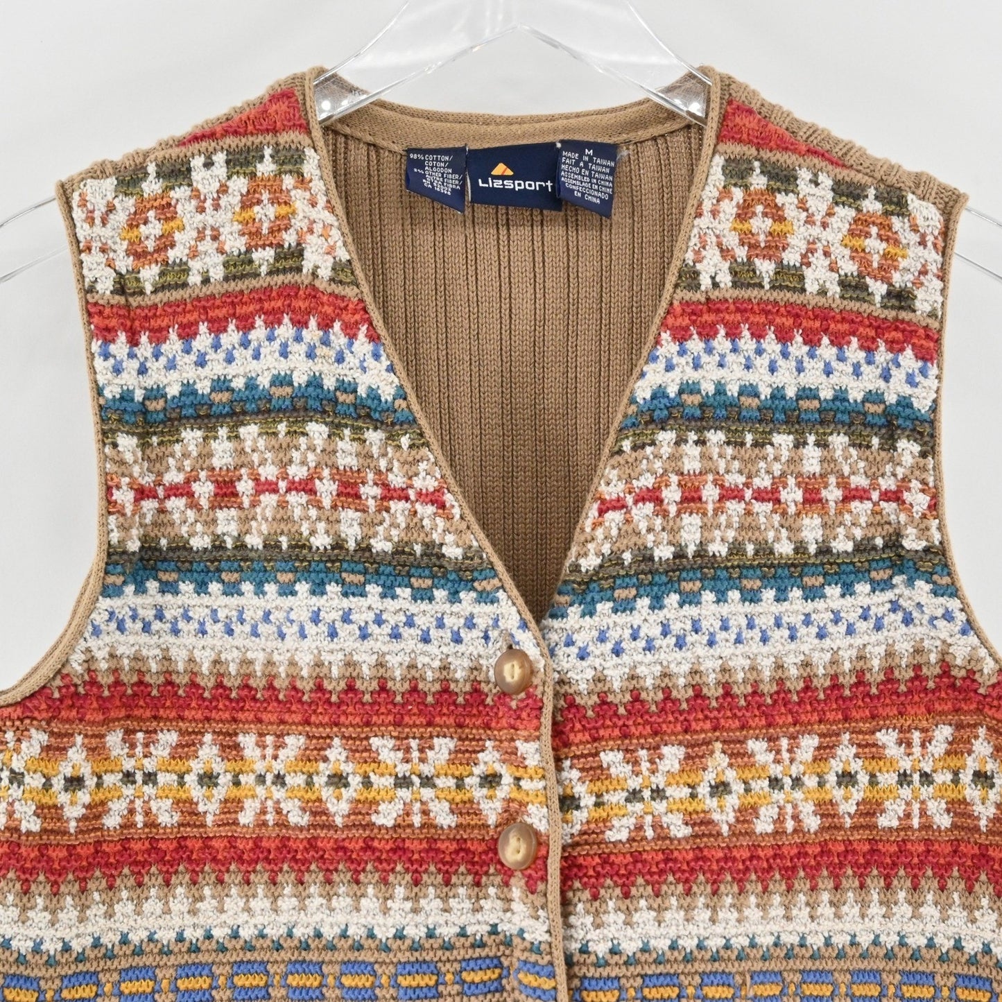 Vtg Y2k Lizsport Sweater Vest Size M Fair Isle Sleeveless Knit Top Multicolor