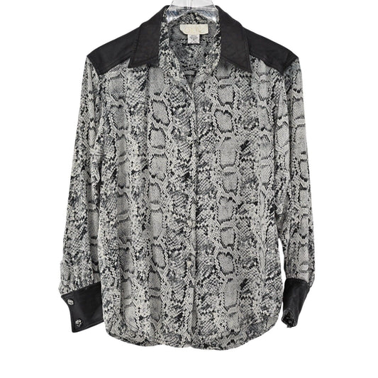 Vtg CACHE Top Womens Sz M Black Snakeskin Print Silk Faux Leather Button Up 90s