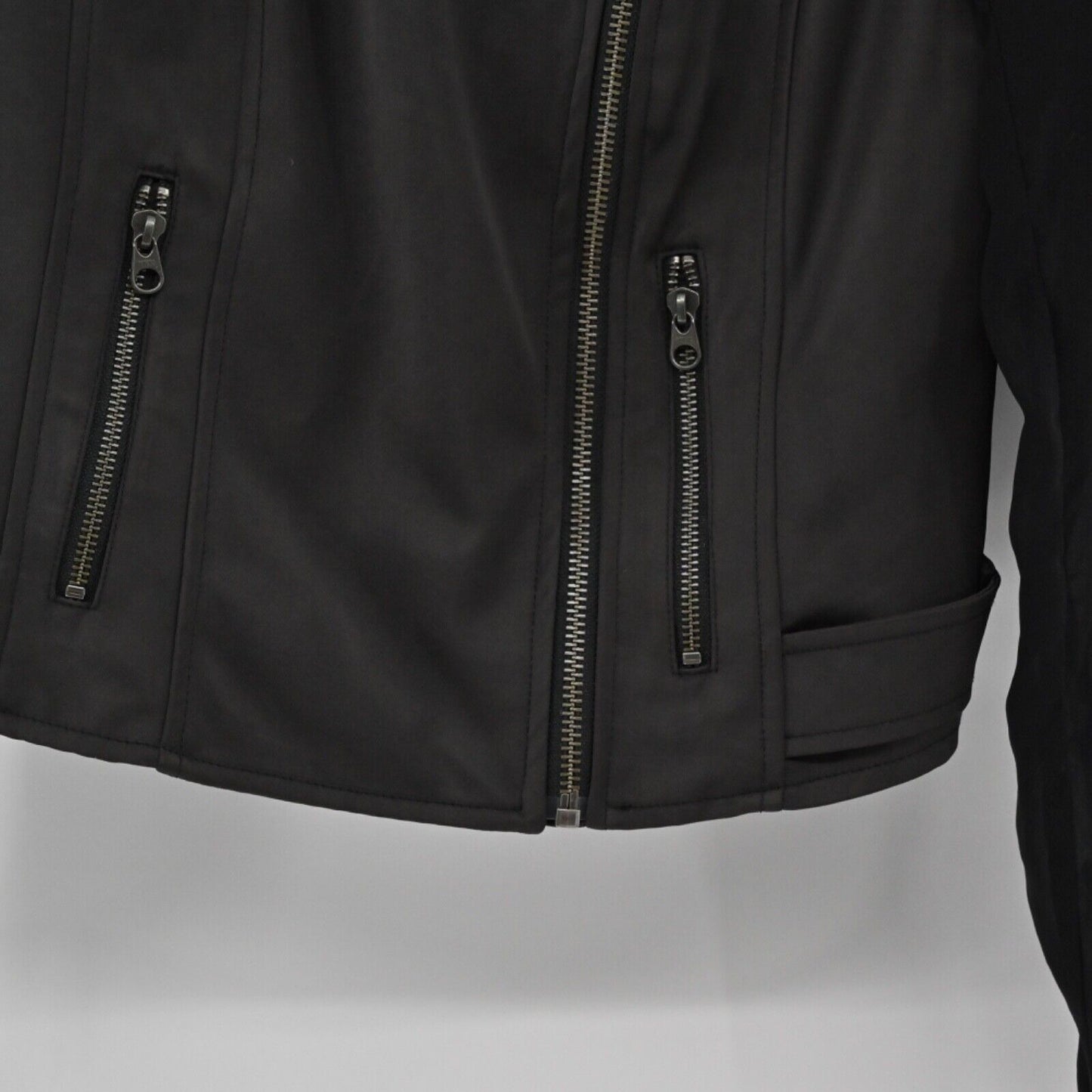 GUESS Jacket Womens Sz S Black Asymmetric Full Zip Sheer Sleeve Crop Moto Grunge