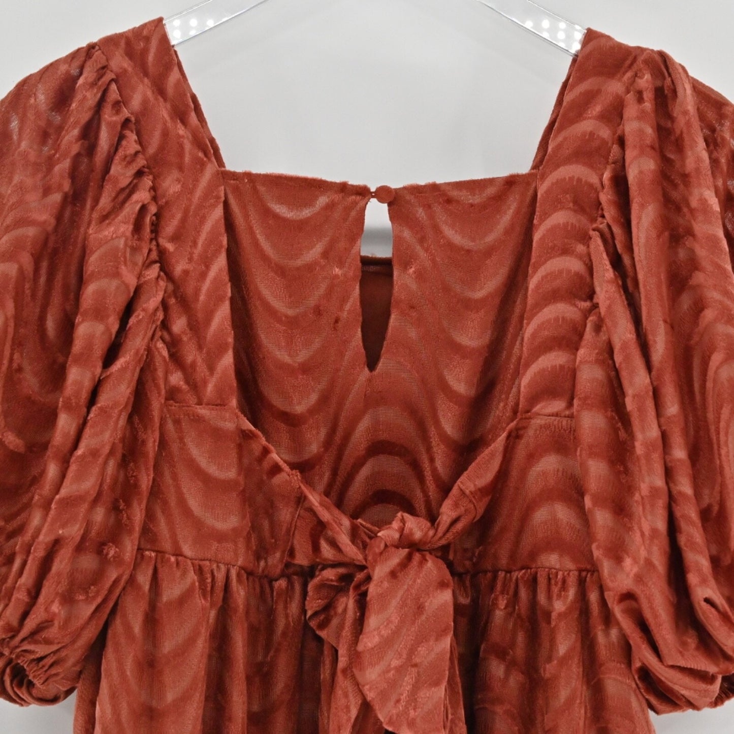 MOON RIVER Velvet Babydoll Dress Size M Peasant Boho Puff Sleeves Rust Retro 70s