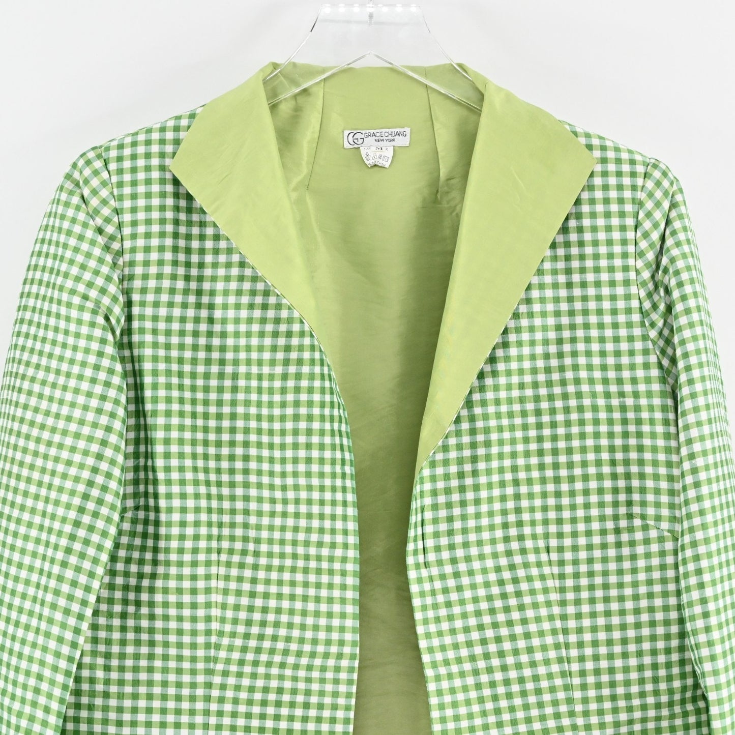 Vtg GRACE CHUANG Womens Silk Green Jacket Size M Gingham Open Front Longline