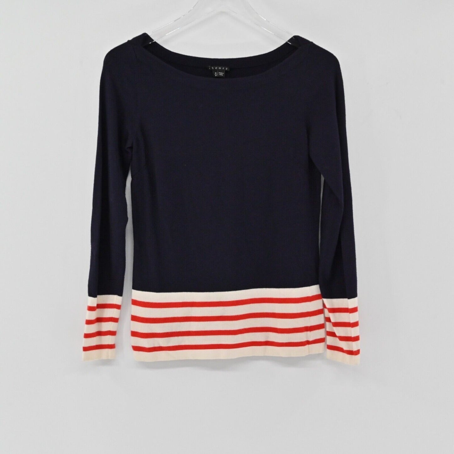 THEORY Sweater Womens Size M Navy Blue Red Stripe Jesup Dream Boat Neck Preppy