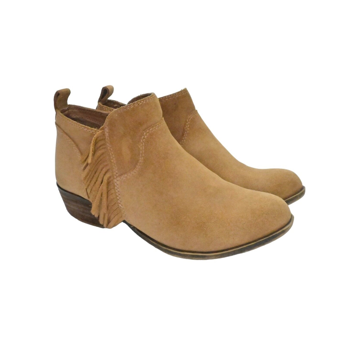 LUCKY BRAND Booties Womens Sz 6.5 Banji Ankle Fringe Stacked Heel Chestnut Brown