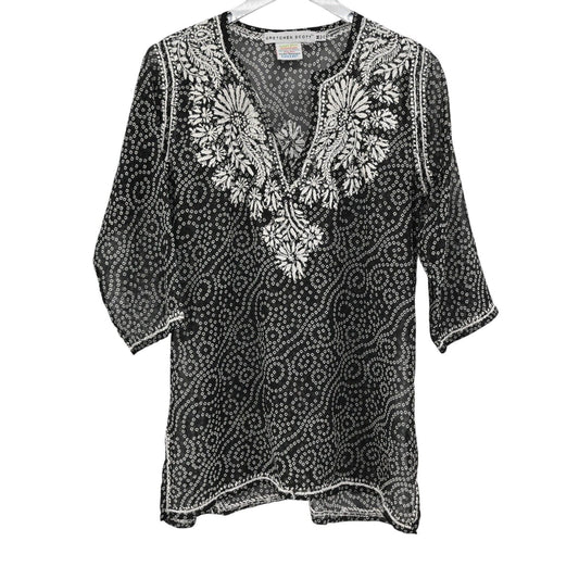 GRETCHEN SCOTT Top Womens Size M Floral Embroidered Split VNeck Printed Tunic