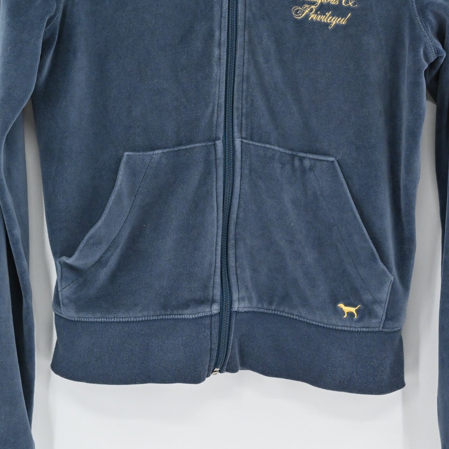 PINK Victorias Secret Womens Velour Hoodie Sz S Slate Embroidered Sorority Zip