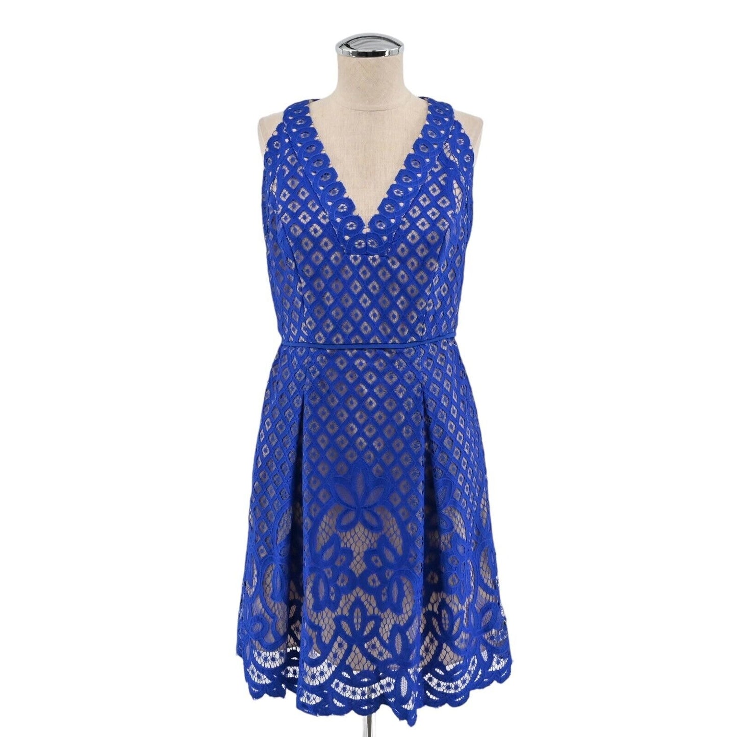 ADRIANNA PAPELL Dress Womens Sz 4 Blue Floral Lace Cocktail Mini Fit Flare Pleat