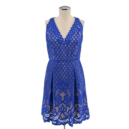 ADRIANNA PAPELL Dress Womens Sz 4 Blue Floral Lace Cocktail Mini Fit Flare Pleat