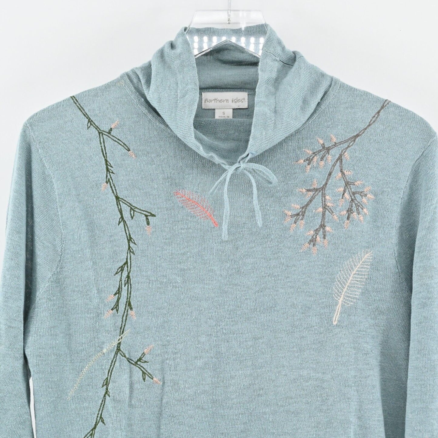 NORTHERN ISLES Sweater Womens Size S Embroidered Linen Teal Ice Funnel Neck NEW