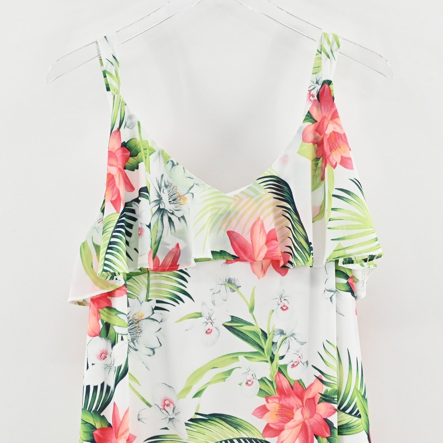 Tommy Bahama Maxi Dress L White Floral Tropical Ruffle High Low Vibrant Vacation