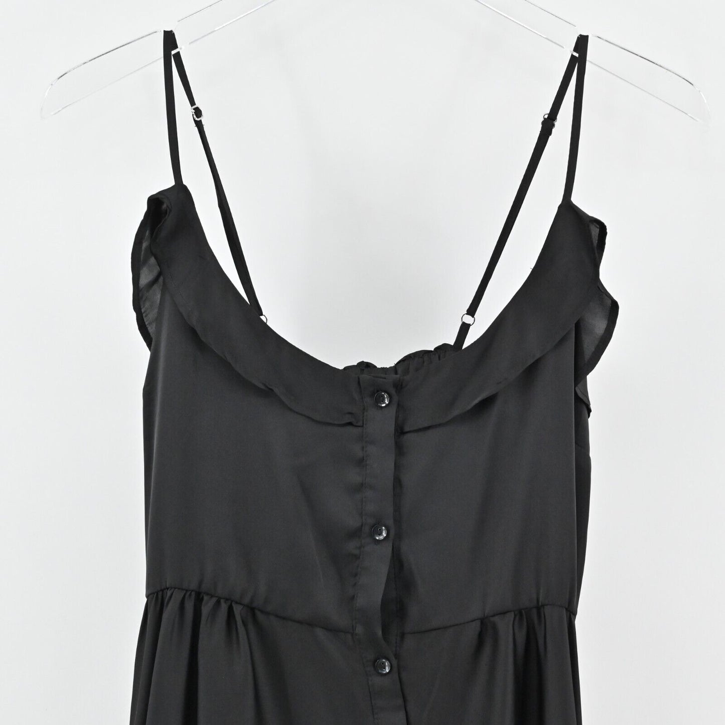 SUKI SO Dress Size S Solid Black Sleeveless Ruffle High Low Button Front Maxi