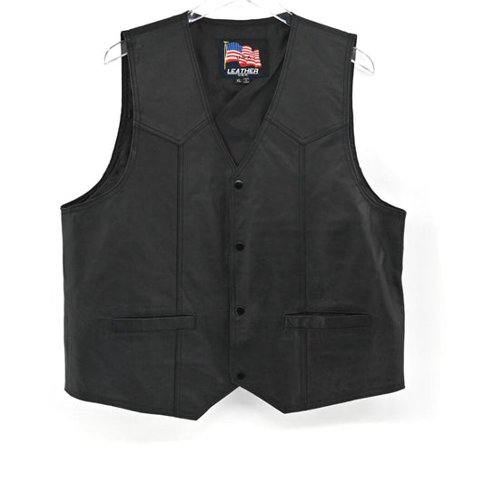 Vtg USA LEATHER Vest Mens Sz XL Black Leather US Army Patch Button Up Biker 90s