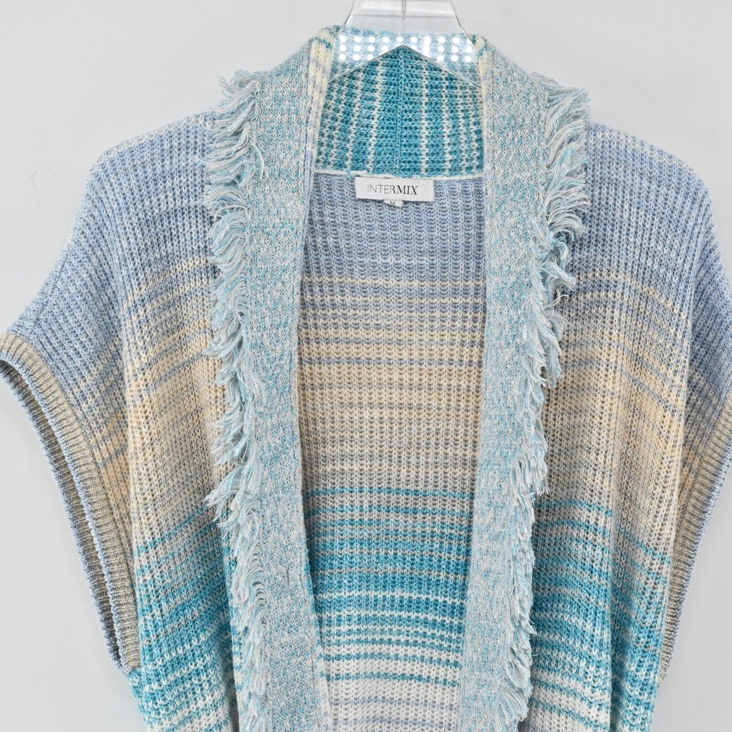 INTERMIX Sweater Womens Size M Drop Shoulder Knit Fringe Cardigan Tie Blue Multi