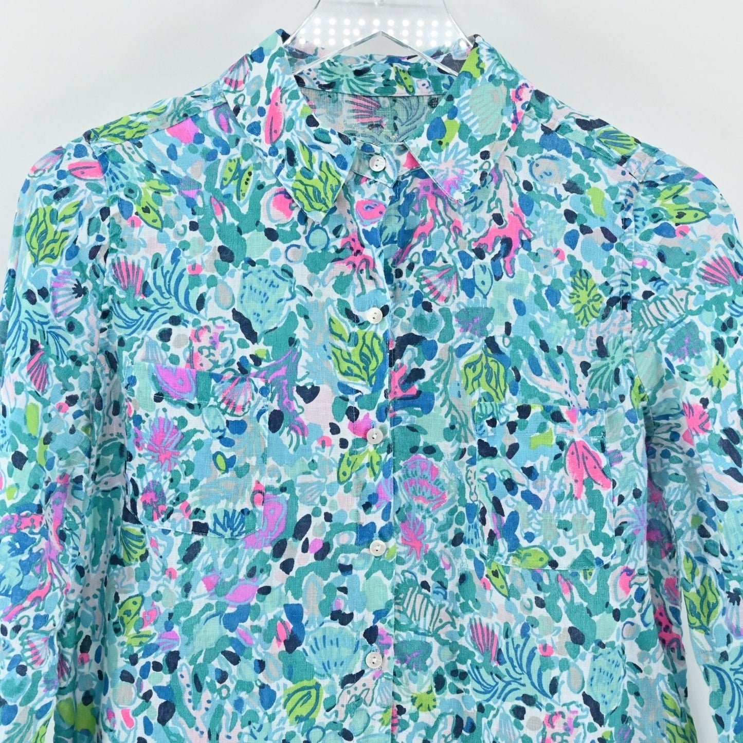 Lilly Pulitzer Sea View Linen Button Down Top Size XS Multi Dive Bar Button Blue