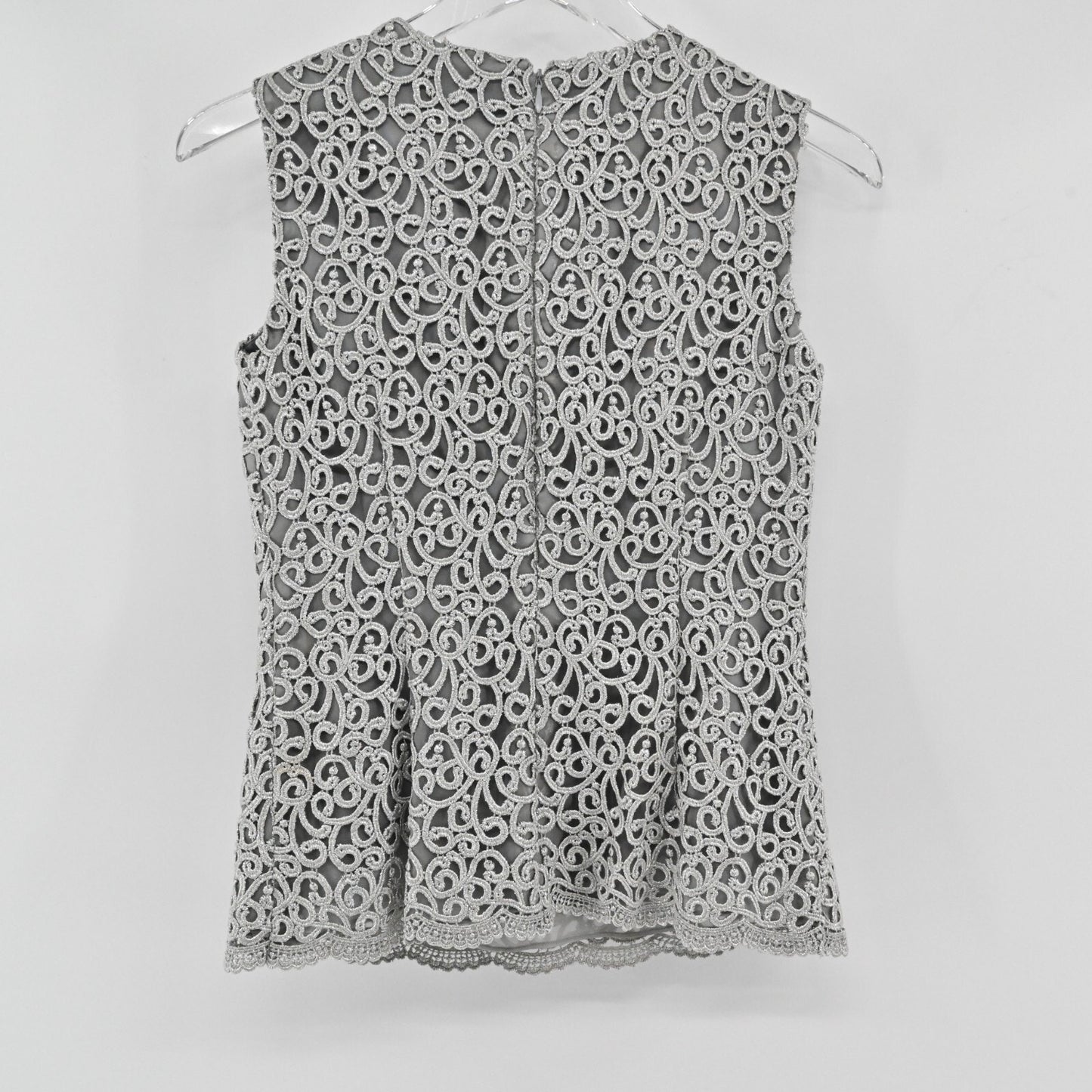 Vtg ANNE KLEIN Lace Top Womens Size 2 Silver Sleeveless Romantic Glamorous Luxe