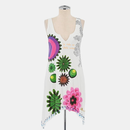 Vtg DESIGUAL Womens Sequin Embroidered Dress Size M White Tunic Mini Floral Y2k