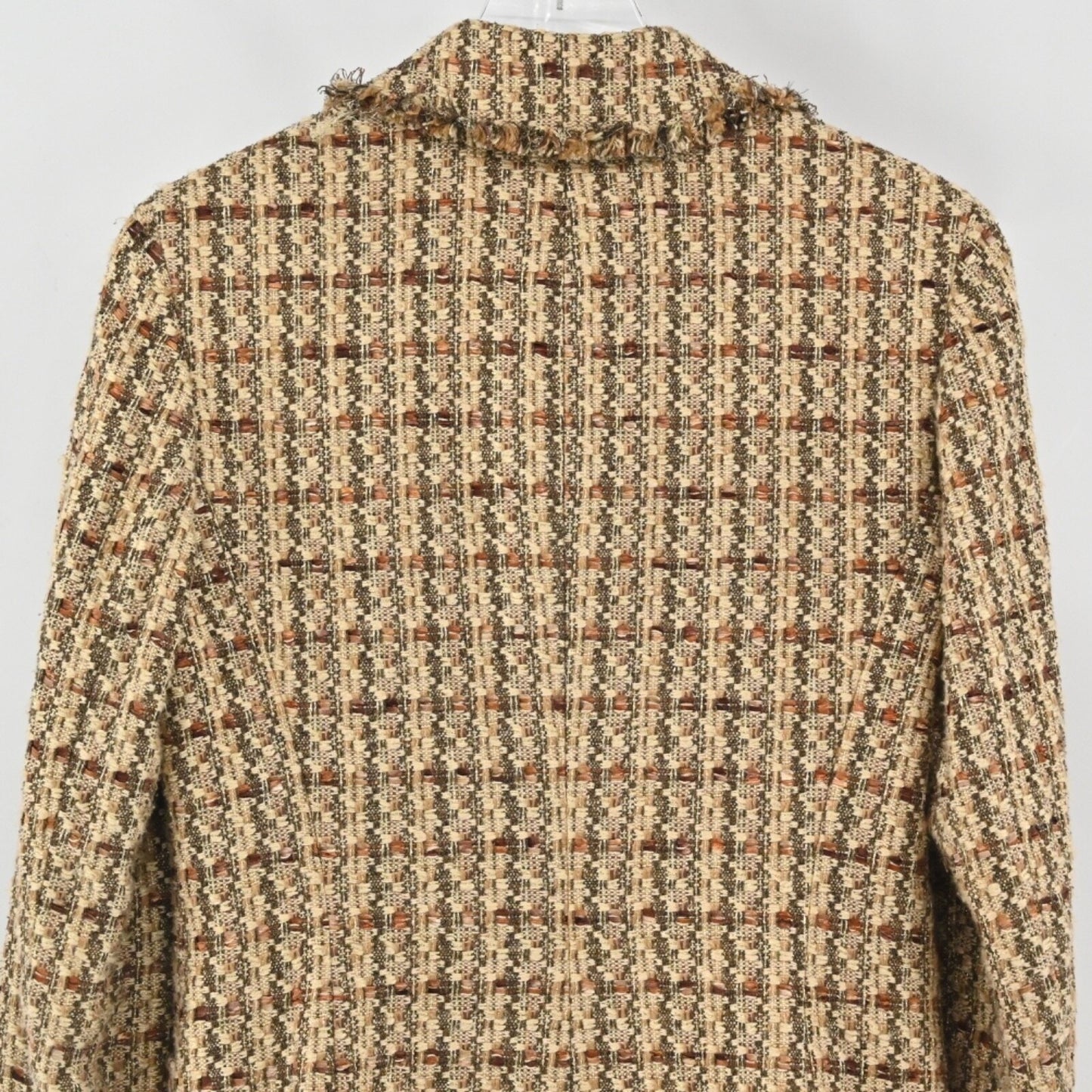 Vtg DANA BUCHMAN Womens Tweed Blazer Size 6 Brown Preppy Plaid Fringe Jacket