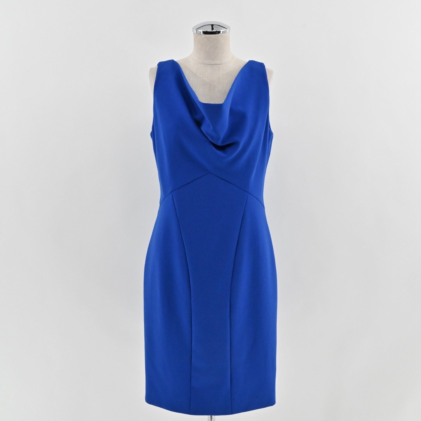 THEIA Blue Cowl Neck Sheath Dress Size 10 Sleeveless Stretch Classic Office
