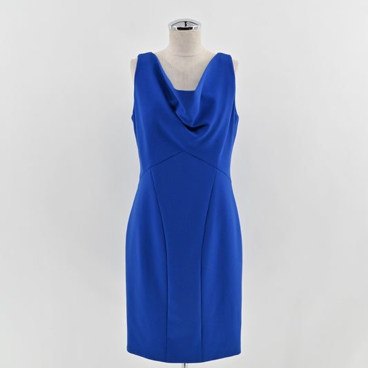 THEIA Blue Cowl Neck Sheath Dress Size 10 Sleeveless Stretch Classic Office