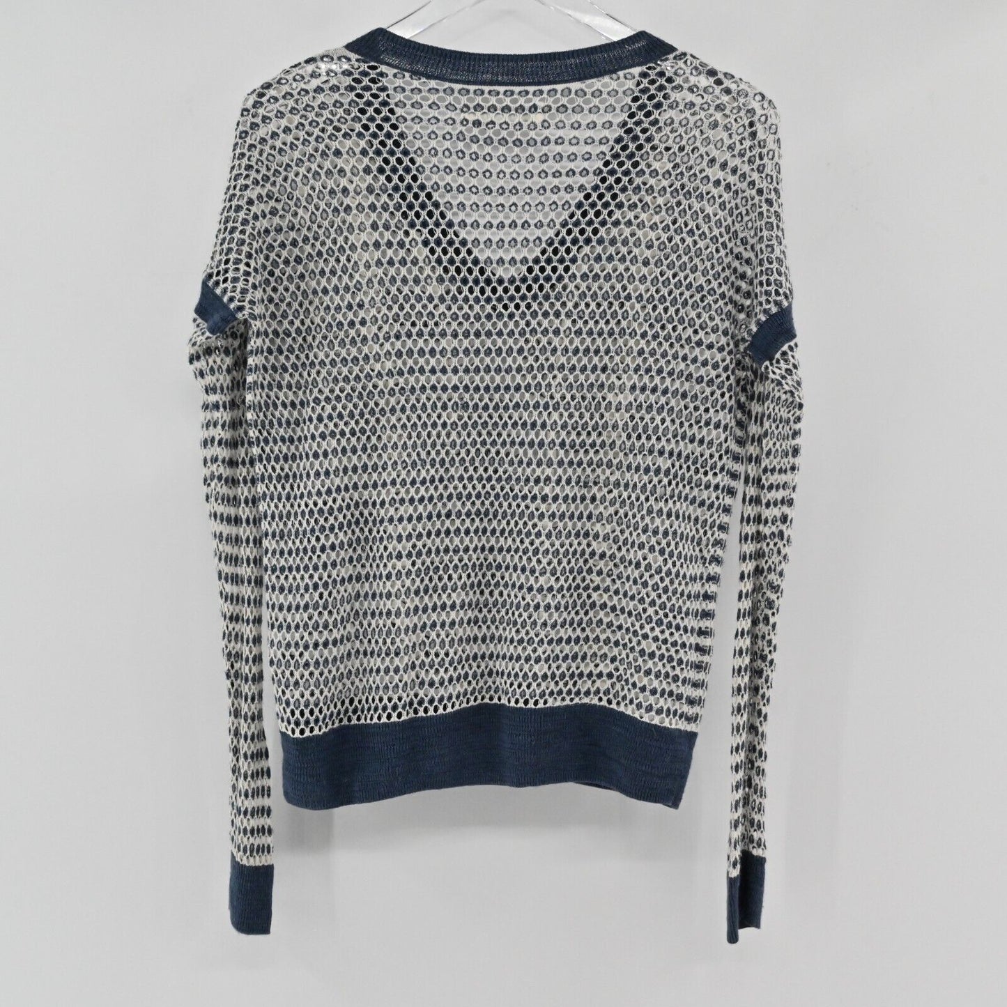 ABERCROMBIE FITCH Sweater Womens Size S Open Knit V Neck Long Sleeve Navy Ivory