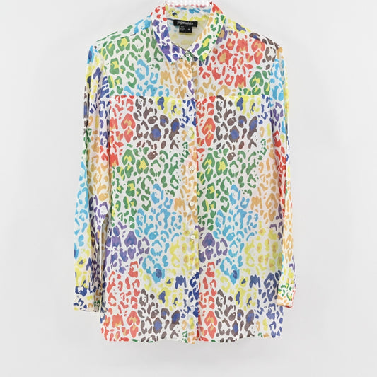 Vtg PAPERWHITE Womens Silk Top Size 10 Colorful Leopard Maximalist Button Blouse