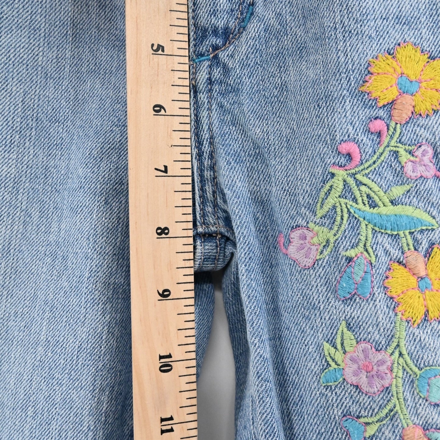 Vtg Embroidered Jeans Sz 5 Low Rise Flare Distressed Y2k Floral Paisley Festival
