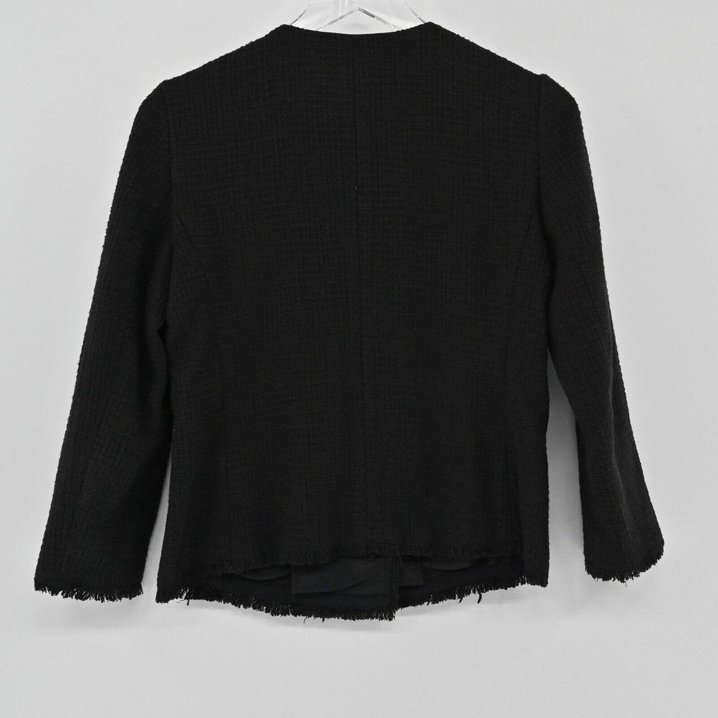 ANN TAYLOR Blazer Womens Size 0 Classic Black Fringe Tweed Long Sleeve Jacket