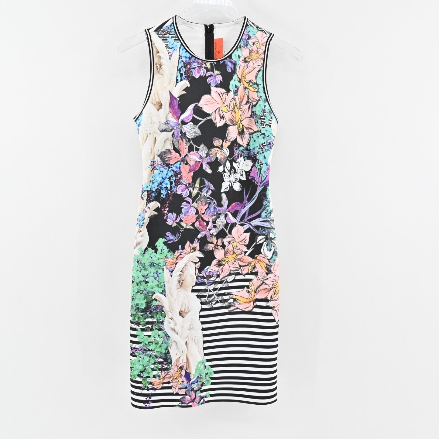 CLOVER CANYON Enchanted Garden Dress Sz M Sheath Black Floral Stripe Sleeveless