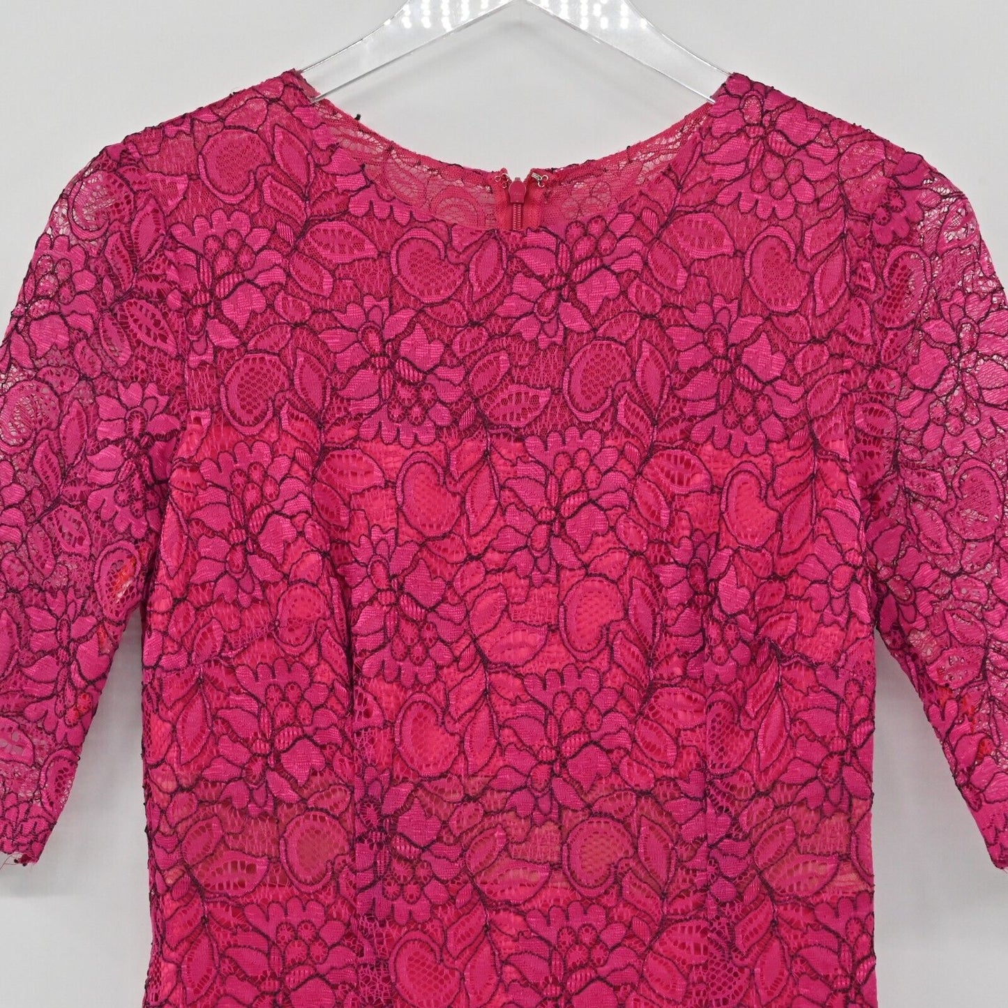 MONIQUE LHUILLIER Dress Sz 6 Pink Lace Sheath Floral Overlay Scalloped Cocktail