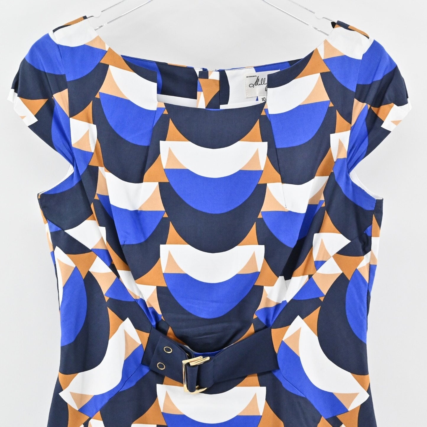 MILLY Mini Sheath Dress Size 10 Blue Geometric Print Cotton Boat Neck Retro USA