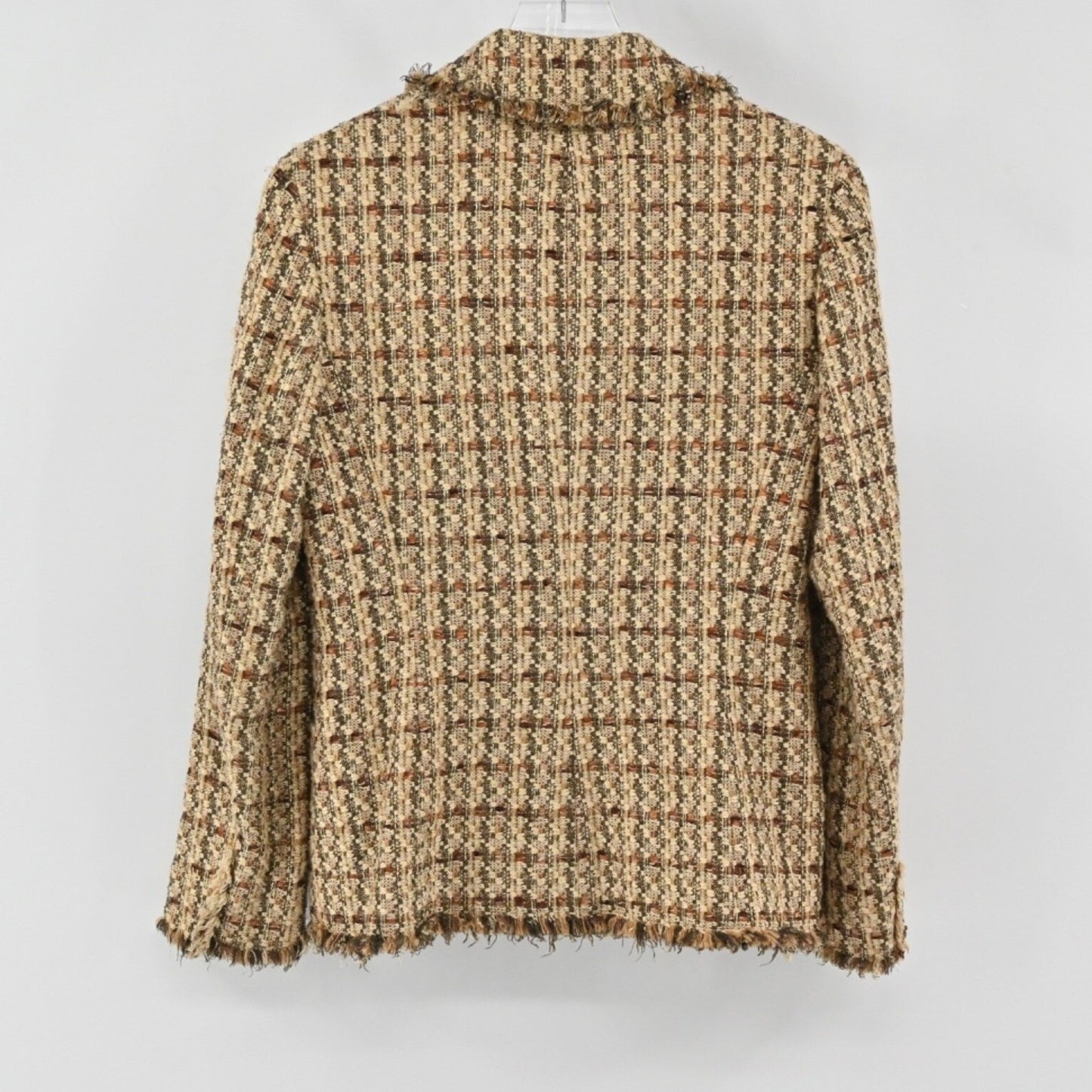 Vtg DANA BUCHMAN Womens Tweed Blazer Size 6 Brown Preppy Plaid Fringe Jacket