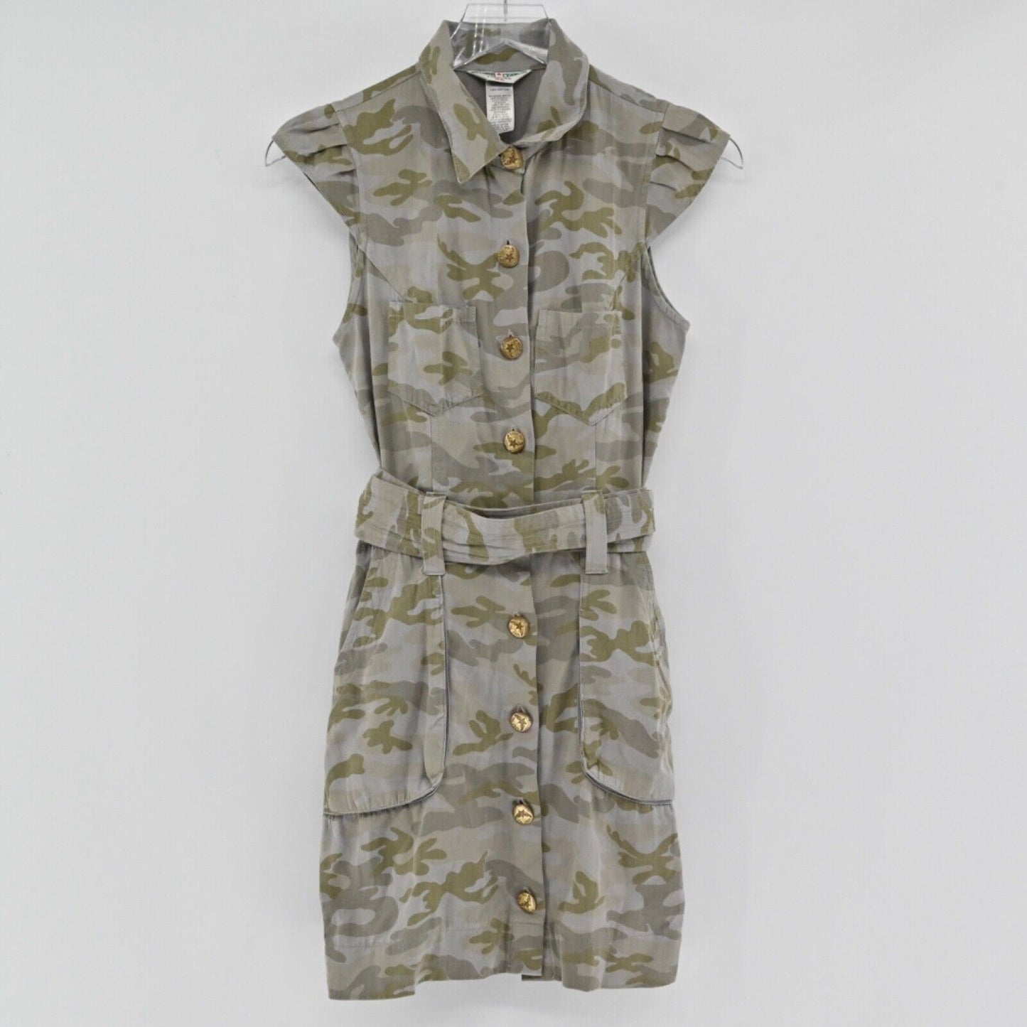 HARD TAIL Dress Womens Sz XS Camo 100% Cotton Belted Button Front Cap Sleeve Y2k