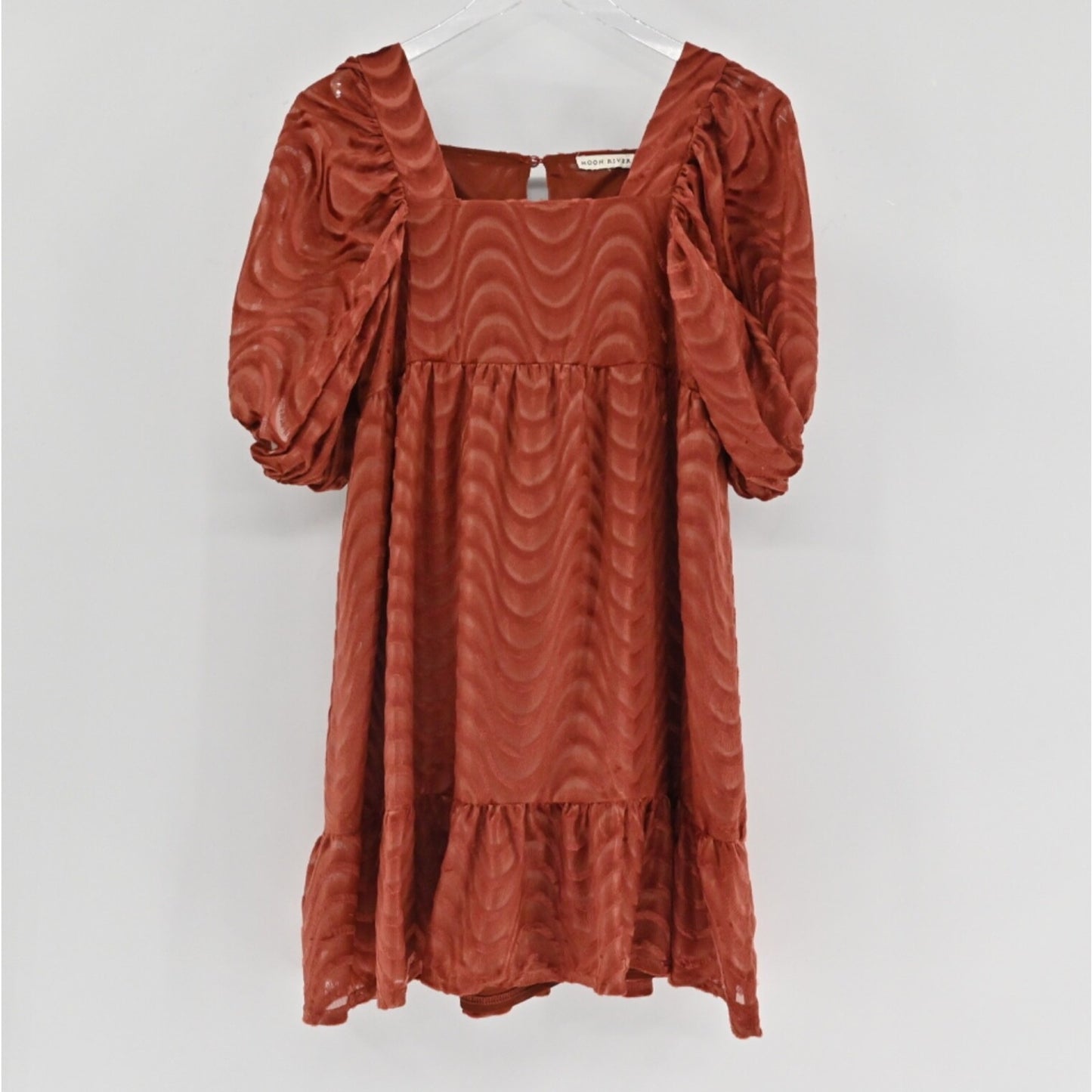 MOON RIVER Velvet Babydoll Dress Size M Peasant Boho Puff Sleeves Rust Retro 70s