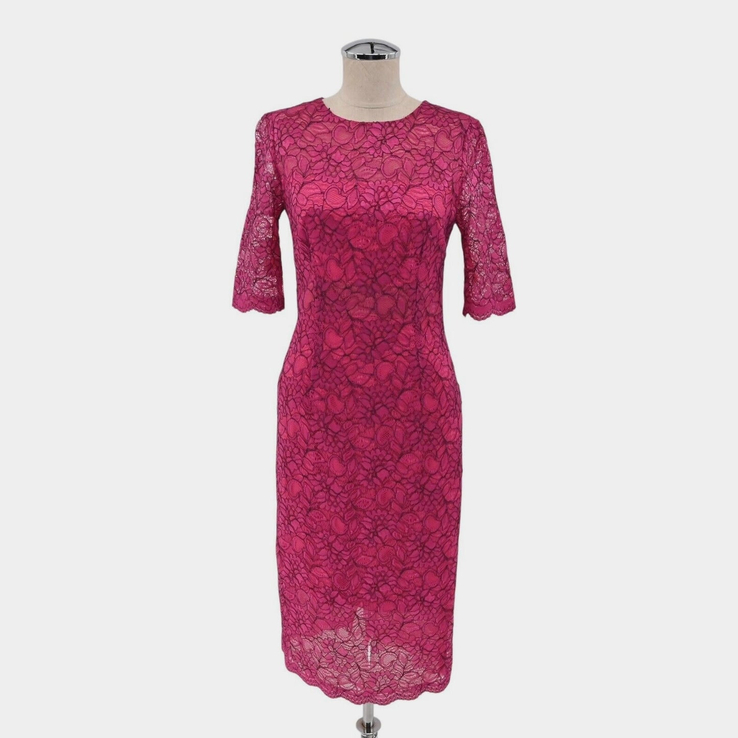 MONIQUE LHUILLIER Dress Sz 6 Pink Lace Sheath Floral Overlay Scalloped Cocktail