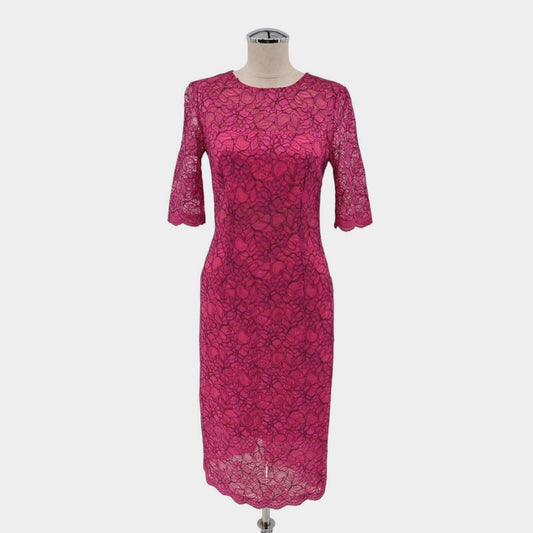 MONIQUE LHUILLIER Dress Sz 6 Pink Lace Sheath Floral Overlay Scalloped Cocktail