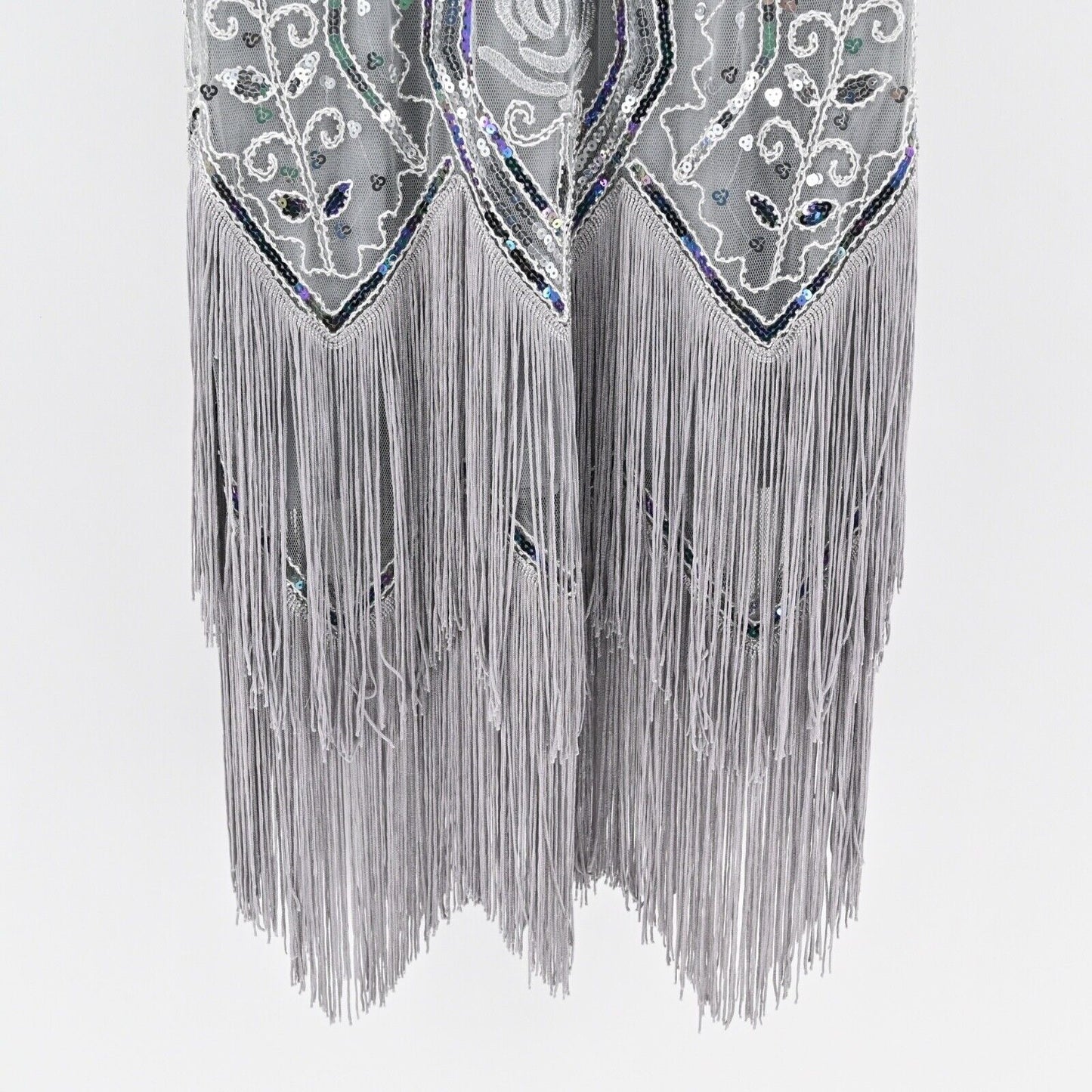 METME Dress Size S Gray Sequin Beaded V Neck Sleeveless Fringe Flapper 1920s NEW