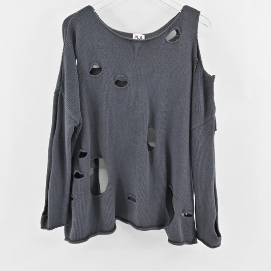 PLANET Gray Distressed Sweater Womens Size OS Hole Cotton Knit Bateau Neck